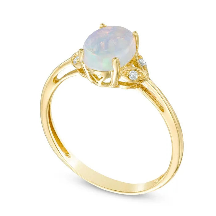 Rings Oval Opal and Natural Diamond Accent Antique VintageStyle Ring in Solid 10K Yellow Gold Goldia