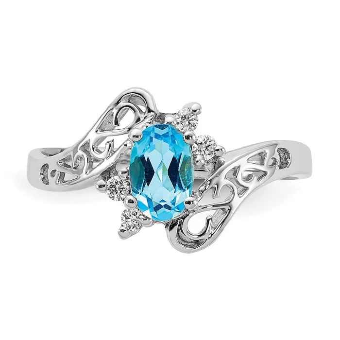 Solid 14k White Gold 6x4mm Oval Simulated Blue Topaz A CZ Ring Goldia Rings
