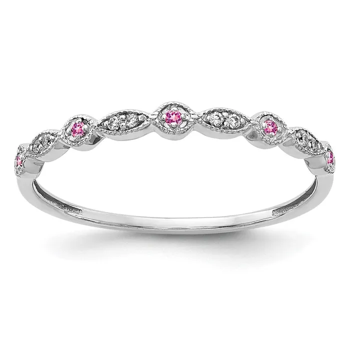Solid 14k White Gold Simulated CZ and PinK Sapphire Fancy Band Goldia Rings