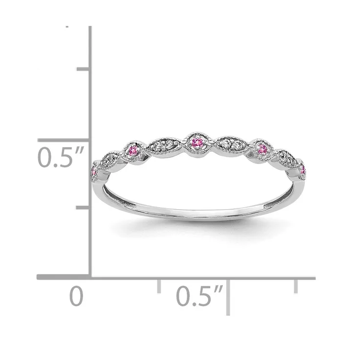 Solid 14k White Gold Simulated CZ and PinK Sapphire Fancy Band Goldia Rings