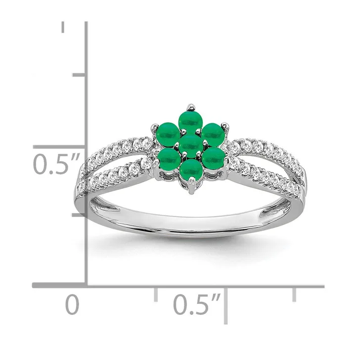 Solid 14k White Gold Simulated Emerald and CZ Floral Ring Goldia Rings
