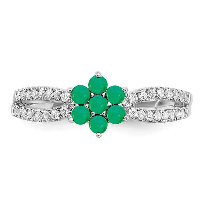 Solid 14k White Gold Simulated Emerald and CZ Floral Ring Goldia Rings
