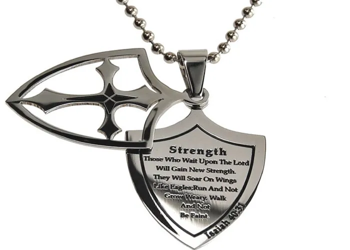 Necklaces North Arrow Shop Strength Necklace Two Piece Cross Shield with Bible Verse Stainless Steel Ball Chain Necklaces North Arrow Shop Strength Necklace Two Piece Cross Shield with Bible Verse Stainless Steel Ball Chain