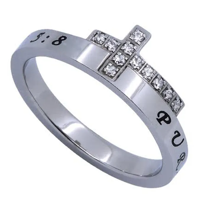 PURITY Engraved Bible Verse Sideways Cross Ring with CZ Stainless Steel North Arrow Shop Rings PURITY Engraved Bible Verse Sideways Cross Ring with CZ Stainless Steel North Arrow Shop Rings