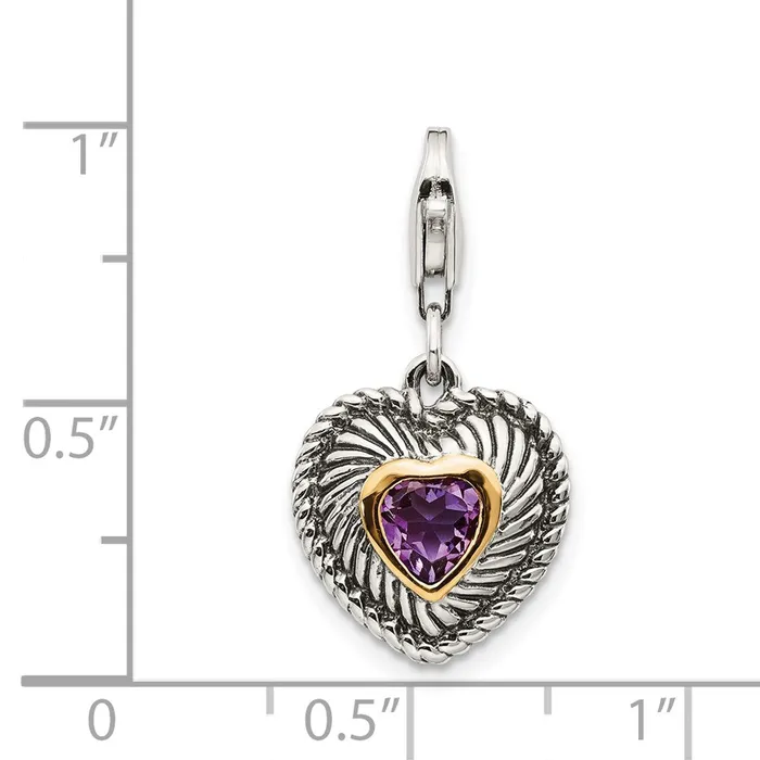 Rings TreasureFineJewelers Shey Couture Sterling Silver with 14K Accent Antiqued Amethyst Antiqued Heart with Lobster Clasp Charm