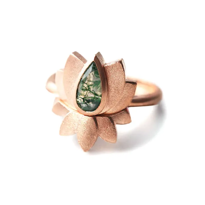 Rings Trendolla Jewelry Trendolla 14K Gold Lotus Moss Agate Ring Set