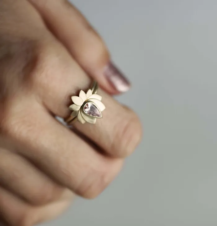 Rings Trendolla Jewelry Trendolla 14K Gold Lotus Moss Agate Ring Set