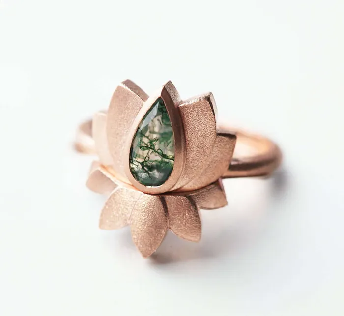 Rings Trendolla Jewelry Trendolla 14K Gold Lotus Moss Agate Ring Set