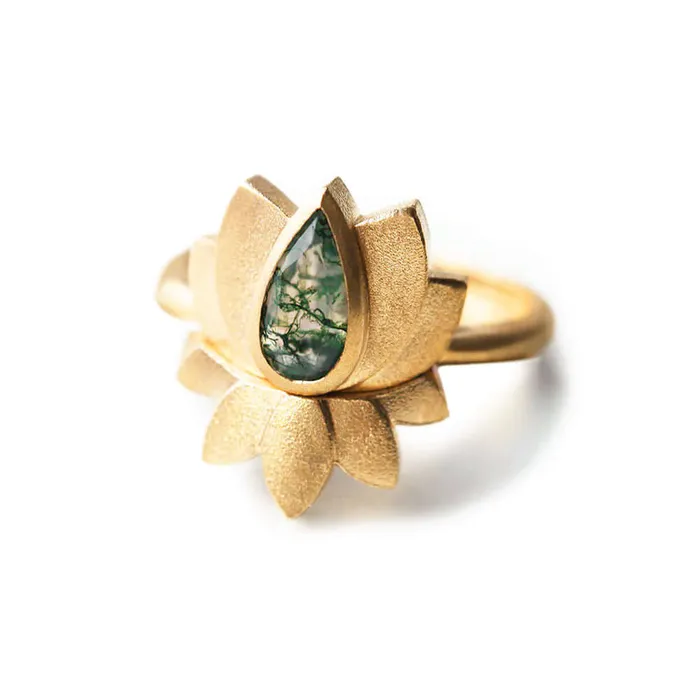 Rings Trendolla Jewelry Trendolla 14K Gold Lotus Moss Agate Ring Set