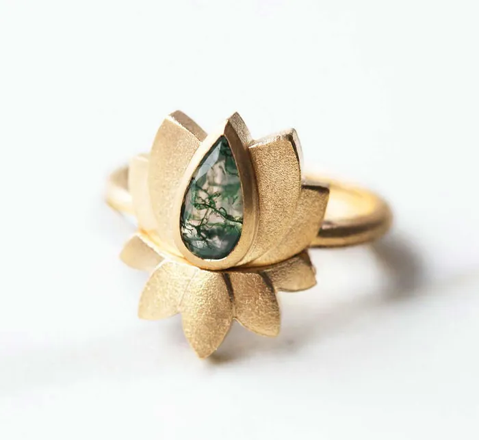 Rings Trendolla Jewelry Trendolla 14K Gold Lotus Moss Agate Ring Set
