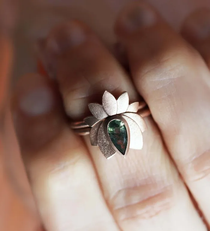 Rings Trendolla Jewelry Trendolla 14K Gold Lotus Moss Agate Ring Set