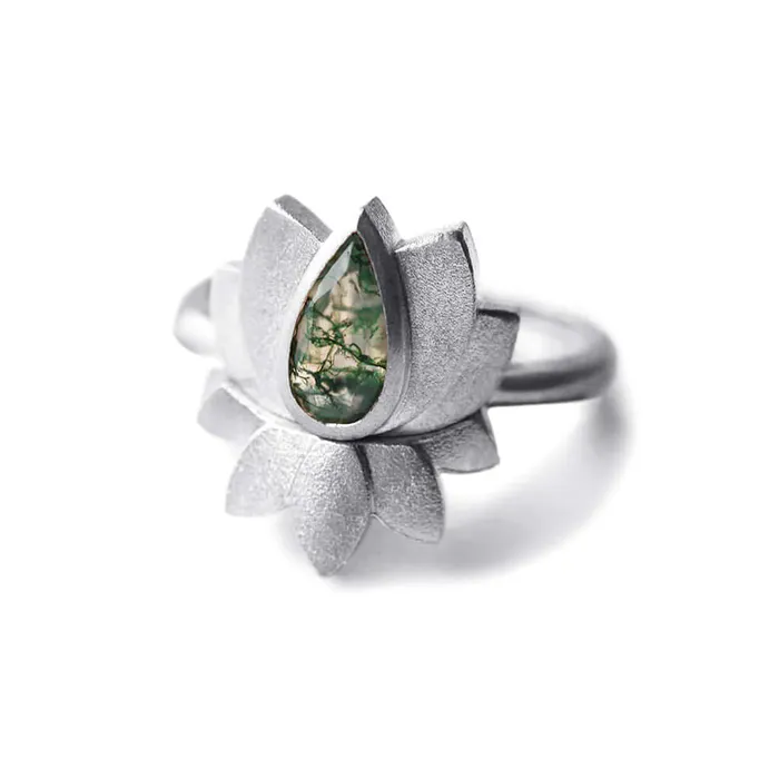 Rings Trendolla Jewelry Trendolla 14K Gold Lotus Moss Agate Ring Set