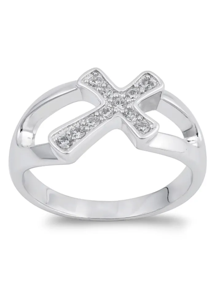 Sterling Silver Sideways Cross Ring with CZ Stones and Jewelry Gift Box North Arrow Shop Rings Sterling Silver Sideways Cross Ring with CZ Stones and Jewelry Gift Box North Arrow Shop Rings