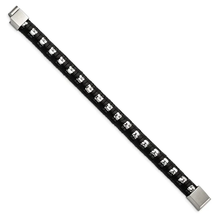 TreasureFineJewelers Bracelets Chisel Stainless Steel Polished Chain and Black Leather 825 inch Bracelet