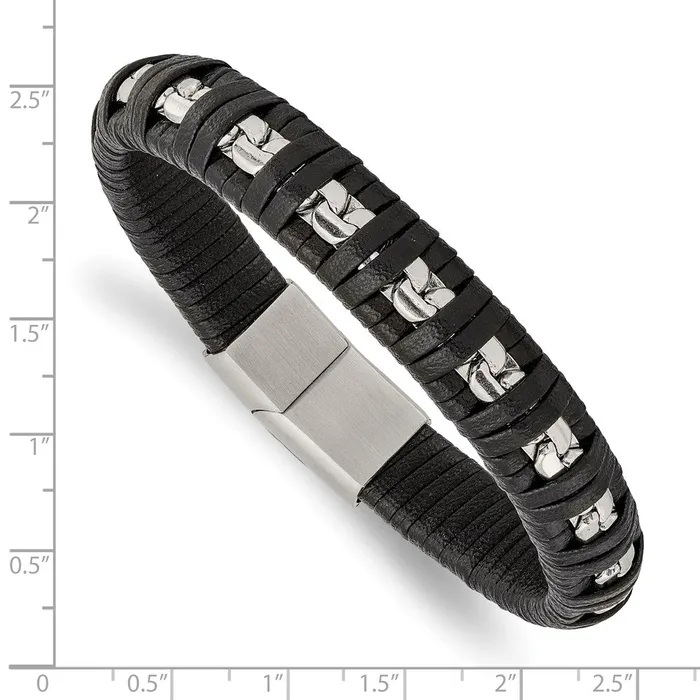 TreasureFineJewelers Bracelets Chisel Stainless Steel Polished Chain and Black Leather 825 inch Bracelet