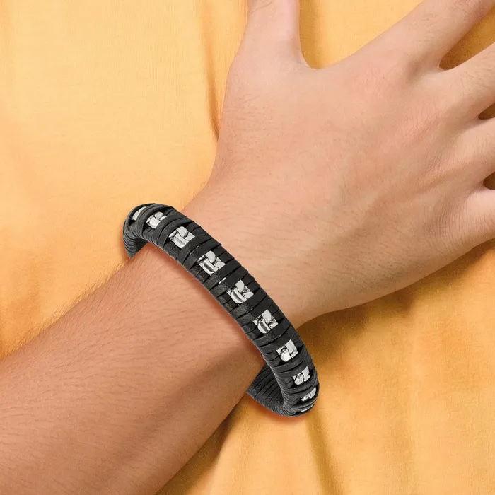 TreasureFineJewelers Bracelets Chisel Stainless Steel Polished Chain and Black Leather 825 inch Bracelet