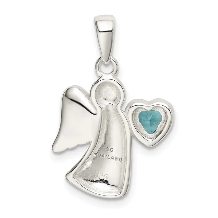 TreasureFineJewelers Necklaces Sterling Silver Angel wLight Blue CZ Heart Pendant
