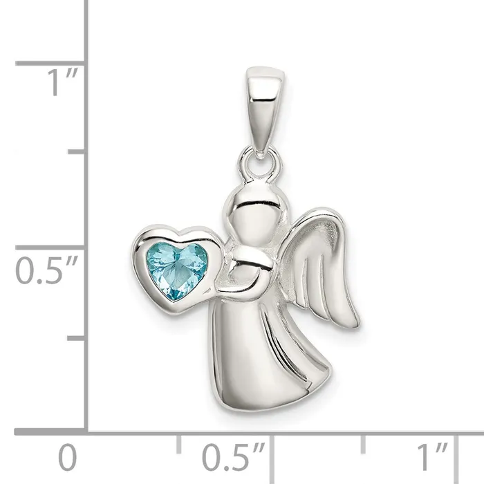 TreasureFineJewelers Necklaces Sterling Silver Angel wLight Blue CZ Heart Pendant