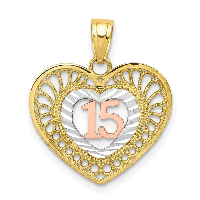 TreasureFineJewelers Rings 10K Twotone wWhite Rhodium 15 Heart Pendant
