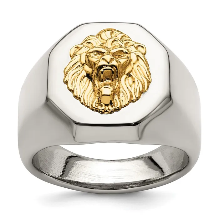TreasureFineJewelers Rings Stainless Steel w14k Accent Polished Lion Head Ring TreasureFineJewelers Rings Stainless Steel w14k Accent Polished Lion Head Ring
