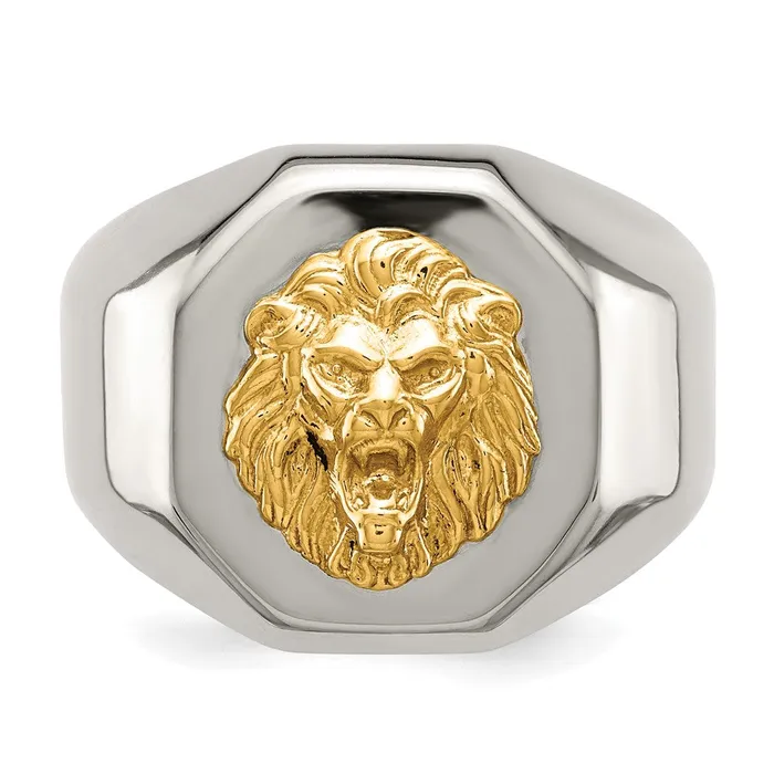 TreasureFineJewelers Rings Stainless Steel w14k Accent Polished Lion Head Ring
