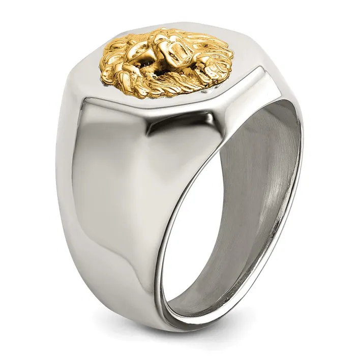 TreasureFineJewelers Rings Stainless Steel w14k Accent Polished Lion Head Ring