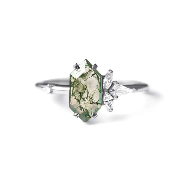 Trendolla Jewelry Trendolla 14K Gold Moss Agate And Crown CZ Diamond Ring Set Rings Trendolla Jewelry Trendolla 14K Gold Moss Agate And Crown CZ Diamond Ring Set Rings