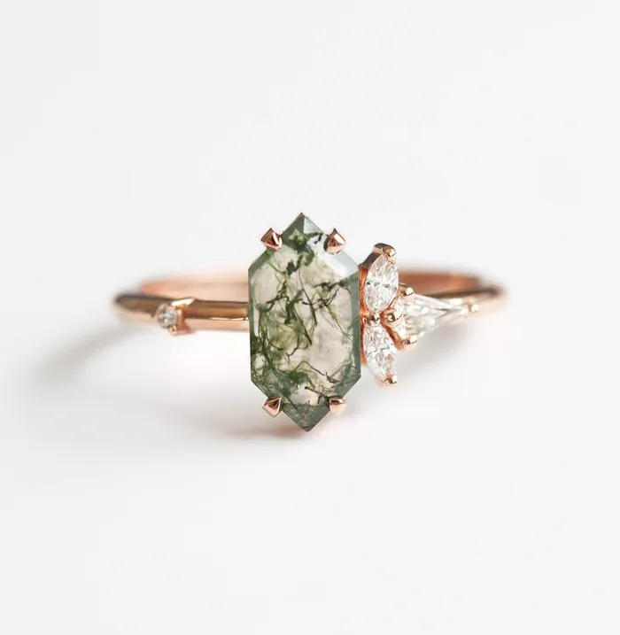 Trendolla Jewelry Trendolla 14K Gold Moss Agate And Crown CZ Diamond Ring Set Rings