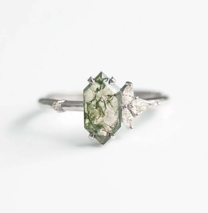 Trendolla Jewelry Trendolla 14K Gold Moss Agate And Crown CZ Diamond Ring Set Rings