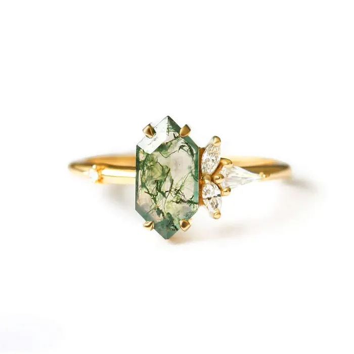 Trendolla Jewelry Trendolla 14K Gold Moss Agate And Crown CZ Diamond Ring Set Rings