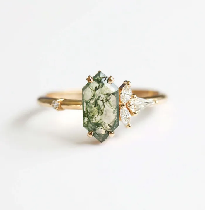 Trendolla Jewelry Trendolla 14K Gold Moss Agate And Crown CZ Diamond Ring Set Rings