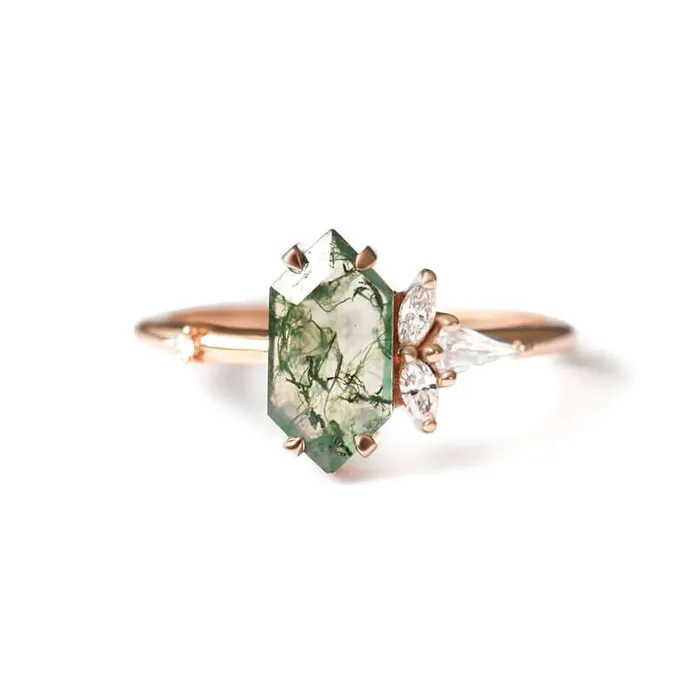 Trendolla Jewelry Trendolla 14K Gold Moss Agate And Crown CZ Diamond Ring Set Rings