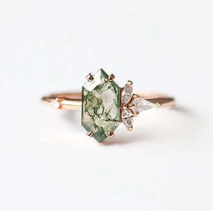 Trendolla Jewelry Trendolla 14K Gold Moss Agate And Crown CZ Diamond Ring Set Rings