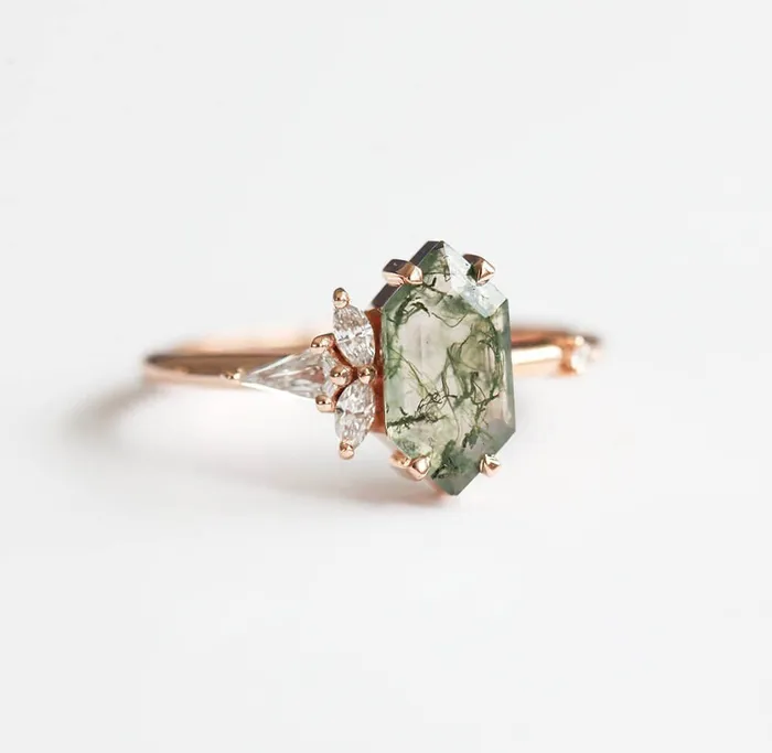 Trendolla Jewelry Trendolla 14K Gold Moss Agate And Crown CZ Diamond Ring Set Rings