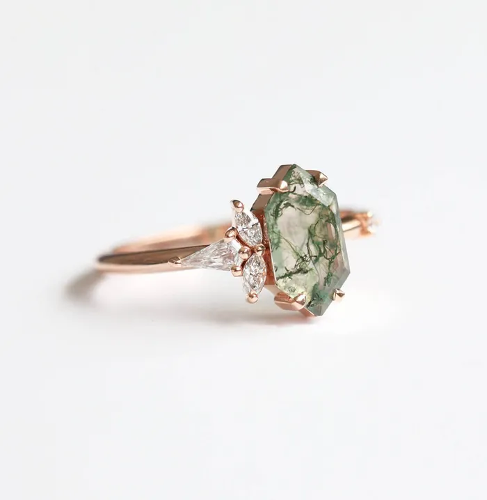 Trendolla Jewelry Trendolla 14K Gold Moss Agate And Crown CZ Diamond Ring Set Rings