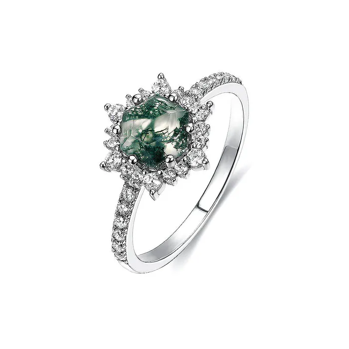 Trendolla Jewelry Trendolla Hexagon Cut Moss Agate Engagement Ring Rings