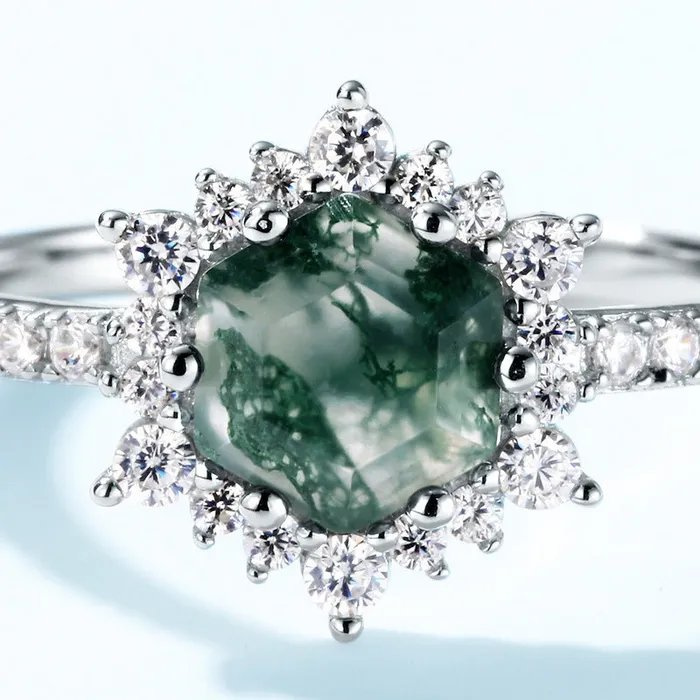 Trendolla Jewelry Trendolla Hexagon Cut Moss Agate Engagement Ring Rings